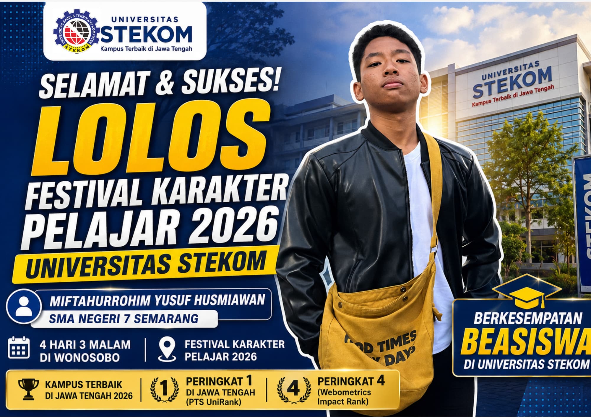 Pelajar SMA Negeri 7 Semarang, Miftahurrohim Yusuf Husmiawan.Lolos Festival Karakter Pelajar 2026 Universitas STEKOM