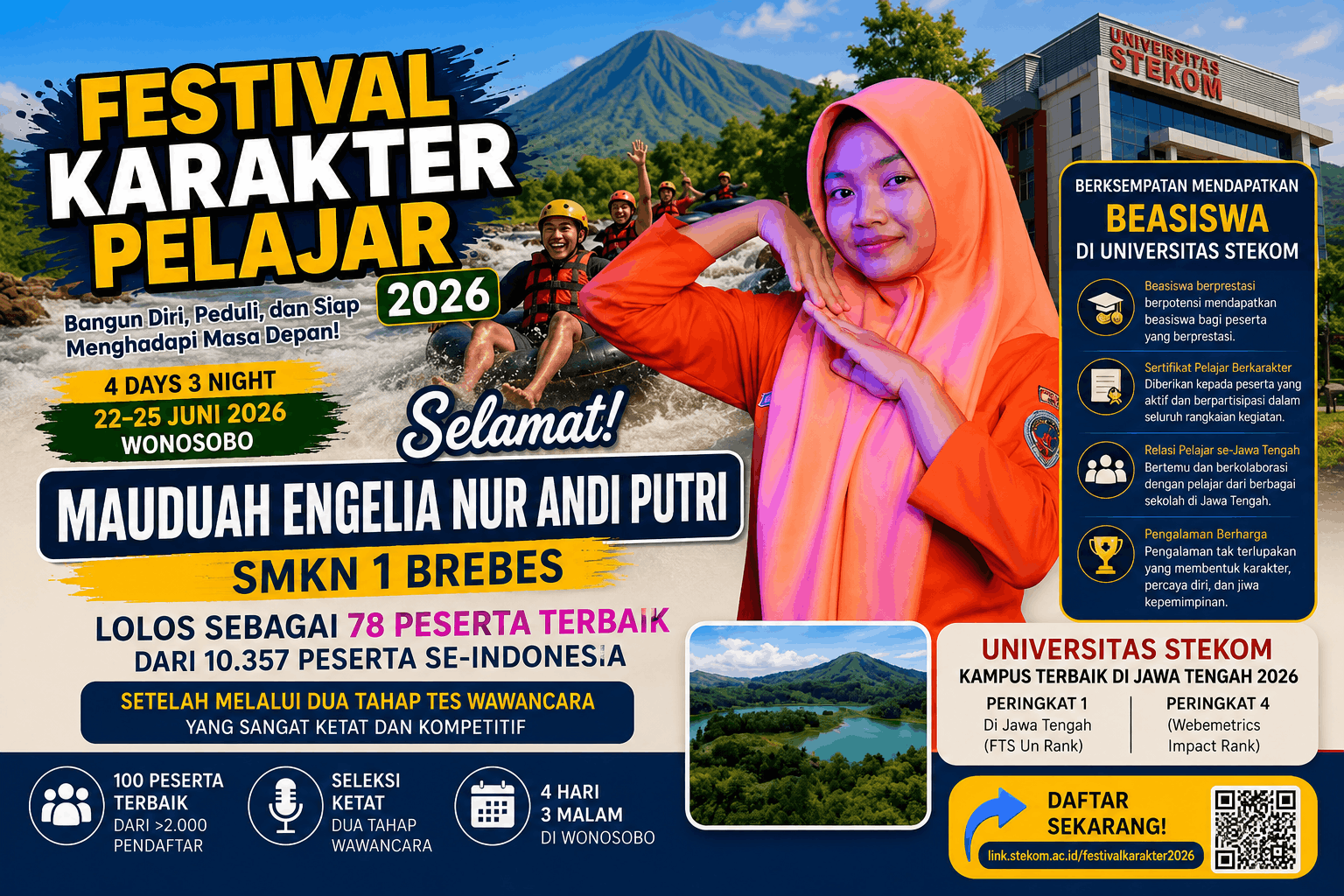 Membanggakan dari Brebes, Mauduah Engelia Nur Andi Putri dari SMK Negeri 1 Brebes Raih Kesempatan Emas Mengikuti Festival Karakter Pelajar 2026 Universitas STEKOM