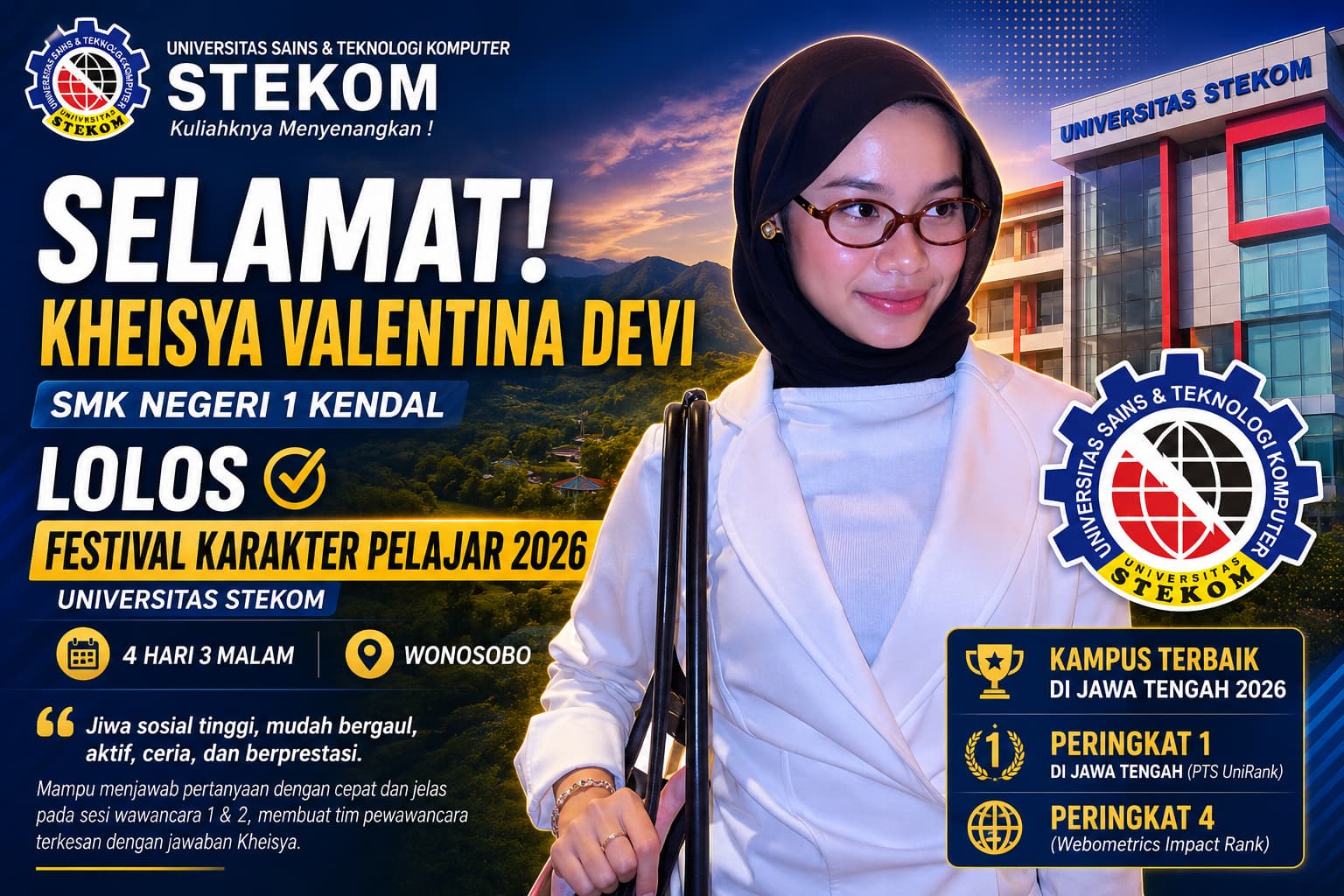 Pelajar SMK Negeri 1 Kendal, Kheisya Valentina Devi Lolos Festival Karakter Pelajar 2026 dan Berpeluang Raih Beasiswa Universitas STEKOM