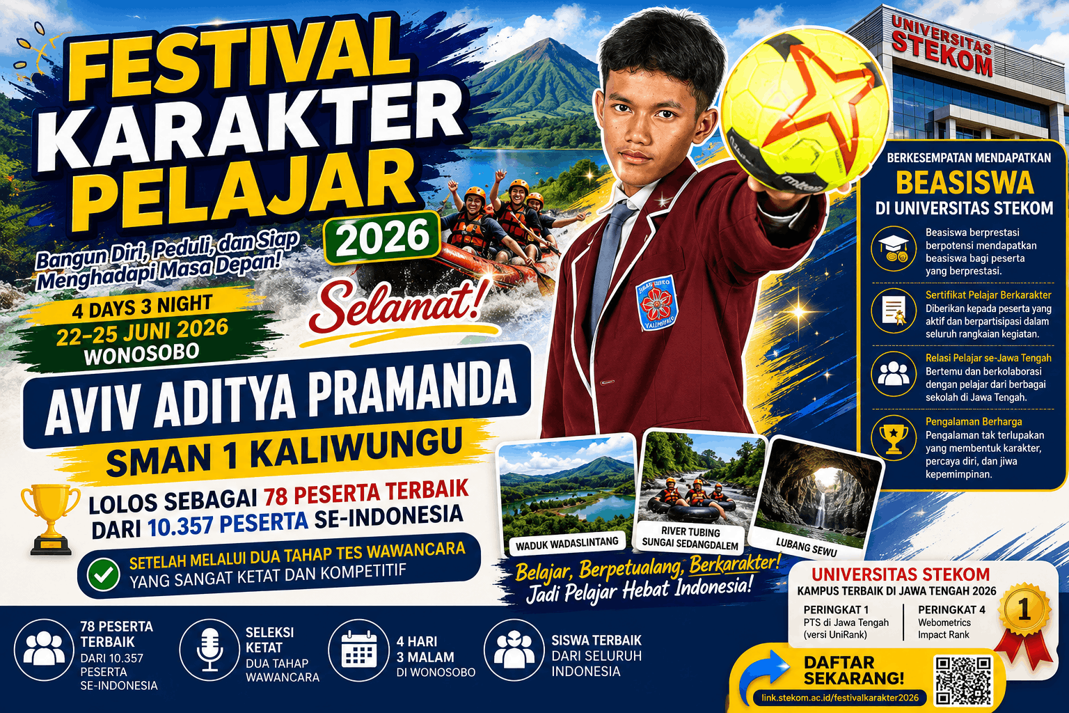 Menembus Persaingan Ribuan Pelajar, Aviv Aditya Pramanda dari SMA Negeri 1 Kaliwungu Siap Menorehkan Jejak Inspiratif di Festival Karakter Pelajar 2026 Universitas STEKOM