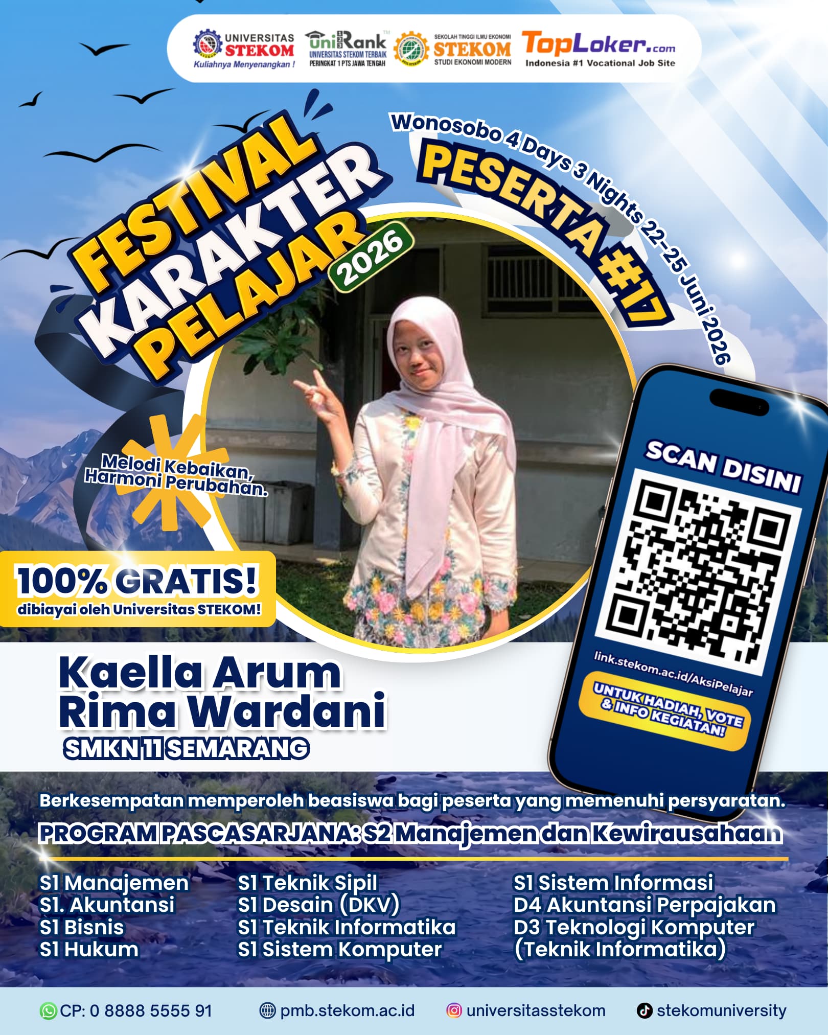 Kaella Arum Rima Wardani Lolos Festival Karakter Pelajar 2026 Universitas Stekom, Tunjukkan Prestasi dan Karakter Unggul