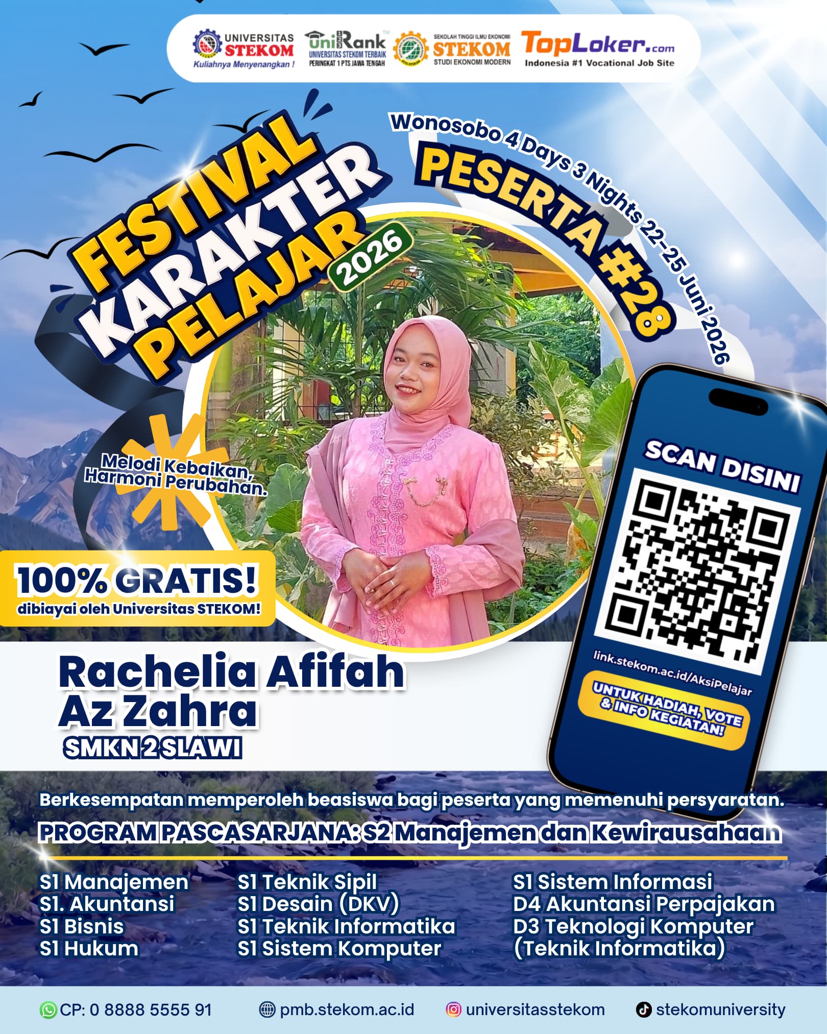Rachelia Afifah Az Zahra Tunjukkan Karakter Unggul, Lolos Festival Karakter Pelajar 2026 Universitas Stekom