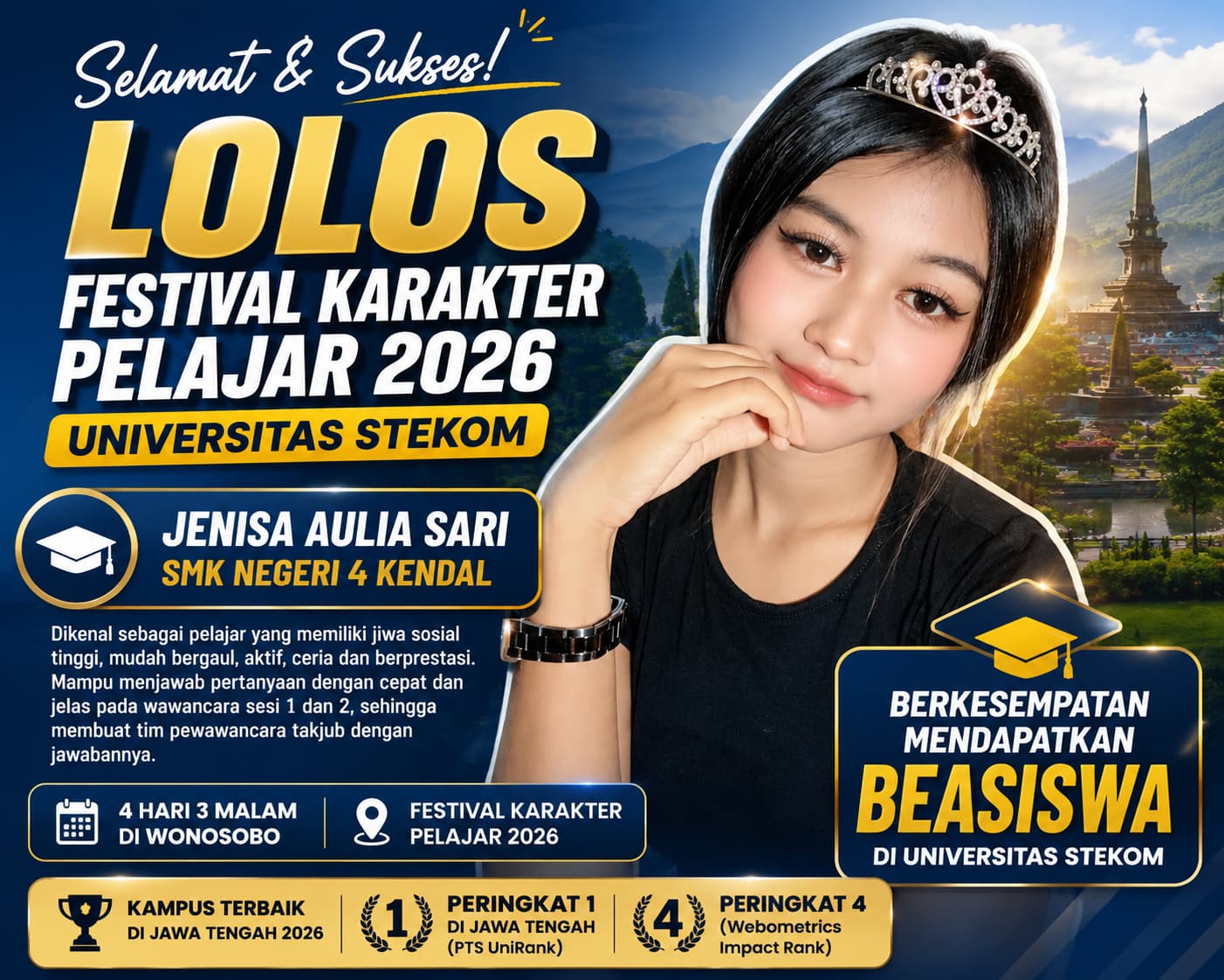 Jenisa Aulia Sari, Siswi SMK Negeri 4 Kendal, Lolos Festival Karakter Pelajar 2026 Universitas STEKOM