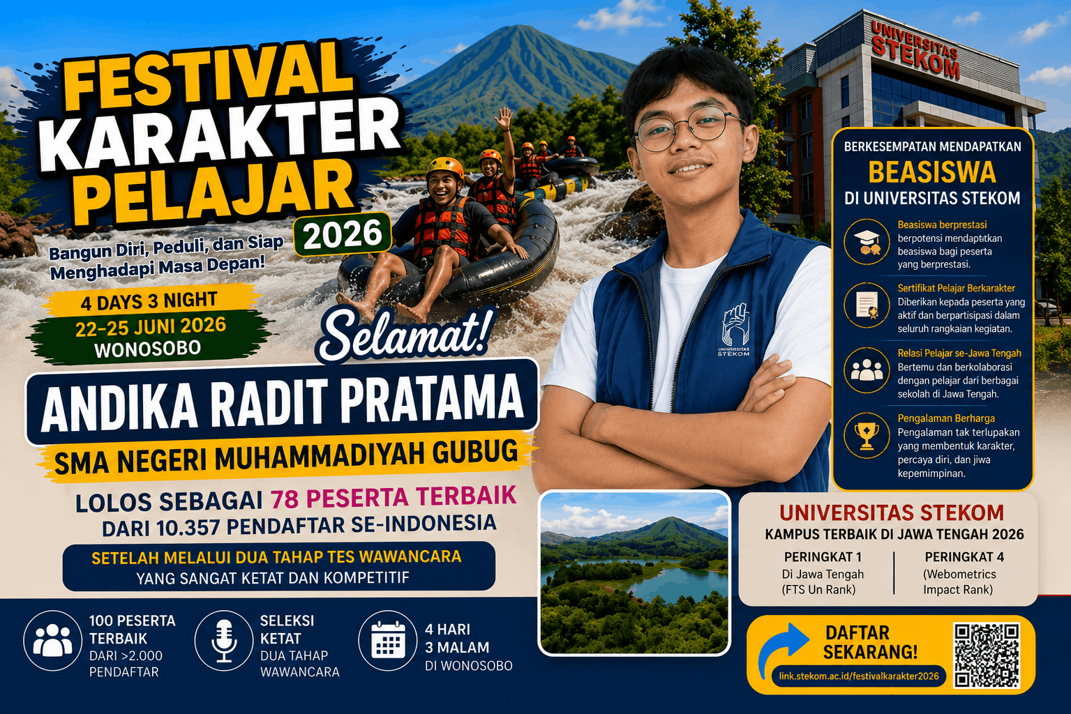 Prestasi Gemilang! Andika Radit Pratama dari SMA Negeri Muhammadiyah Gubug Lolos Festival Karakter Pelajar 2026 Universitas STEKOM