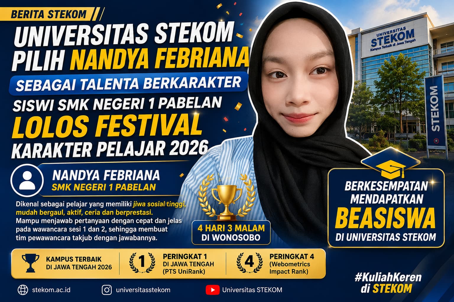 Universitas STEKOM Pilih Nandya Febriana sebagai Talenta Berkarakter, Siswi SMK Negeri 1 Pabelan Lolos Festival Karakter Pelajar 2026