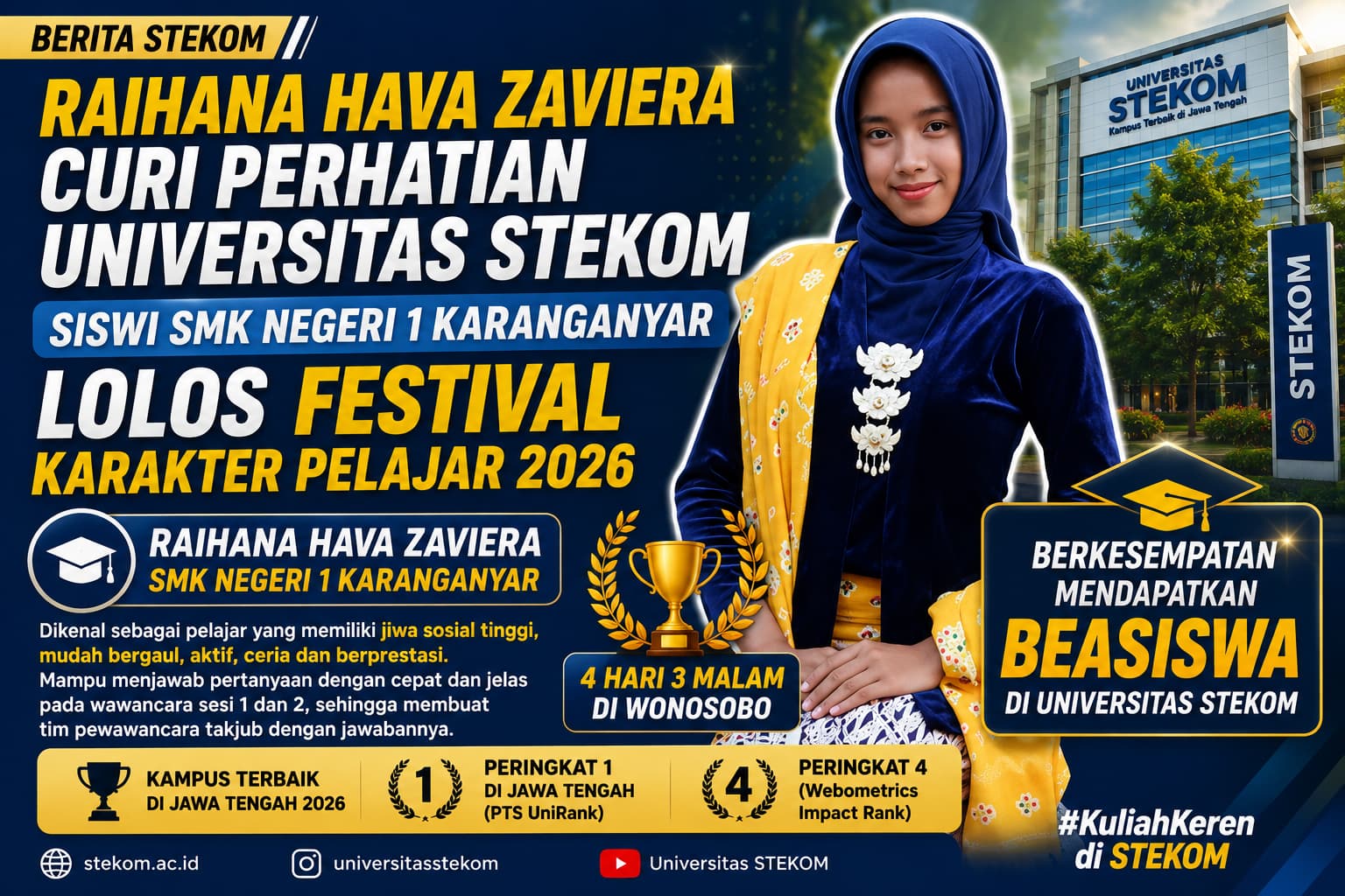 Raihana Hava Zaviera Curi Perhatian Universitas STEKOM, Siswi SMK Negeri 1 Karanganyar Lolos Festival Karakter Pelajar 2026