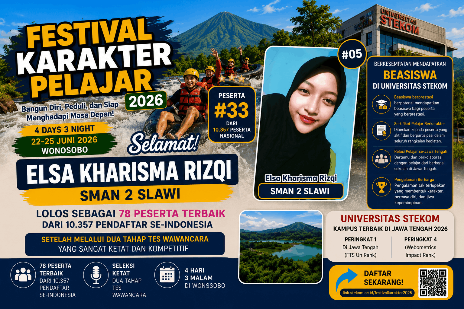 Gemilang dari Tegal, Elsa Kharisma Rizqi dari SMAN 2 Slawi Sukses Menjadi Bagian 100 Pelajar Terbaik Festival Karakter Pelajar 2026 Universitas STEKOM