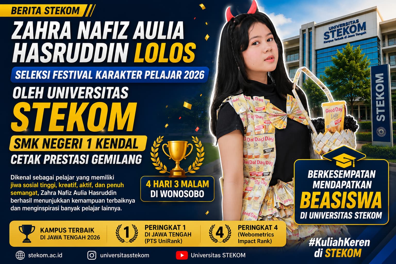 Zahra Nafiz Aulia Hasruddin Lolos Seleksi Festival Karakter Pelajar 2026 oleh Universitas STEKOM, SMK Negeri 1 Kendal Cetak Prestasi Gemilang