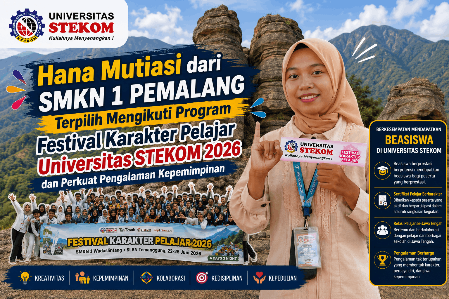 Hana Mutiasi dari SMKN 1 PEMALANG Terpilih Mengikuti Program Festival Karakter Pelajar Universitas STEKOM 2026 dan Perkuat Pengalaman Kepemimpinan