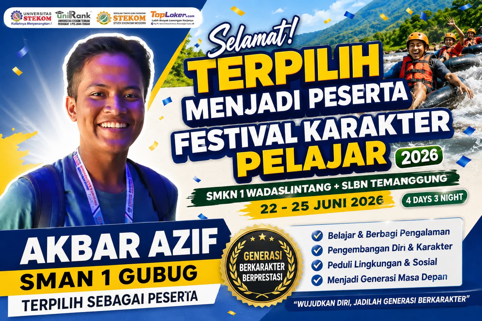 Akbar Azif SMAN 1 GUBUG Terpilih Mengikuti Festival Karakter Pelajar Universitas STEKOM 2026