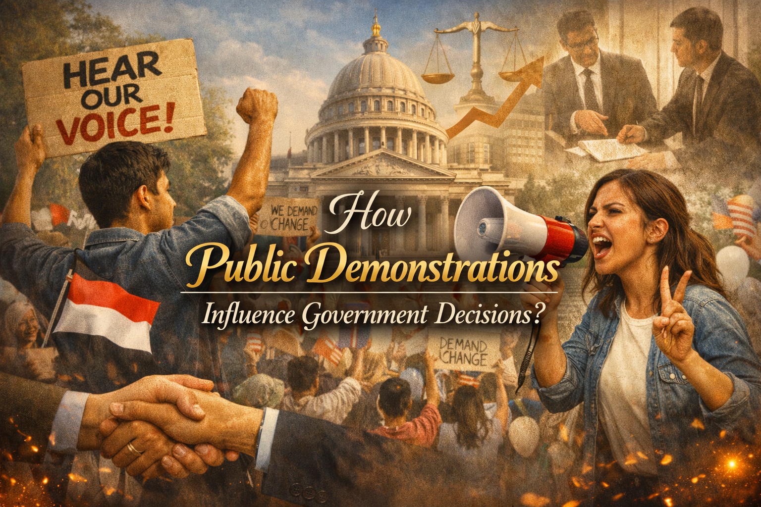 Public Demonstrations influence government decisions by shaping public opinion encouraging policy change and strengthening par democraticticipation.