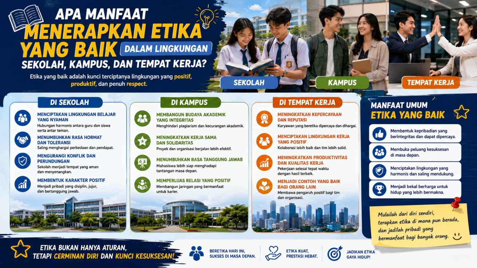 Apa manfaat menerapkan etika yang baik dalam lingkungan sekolah, kampus, dan tempat kerja?