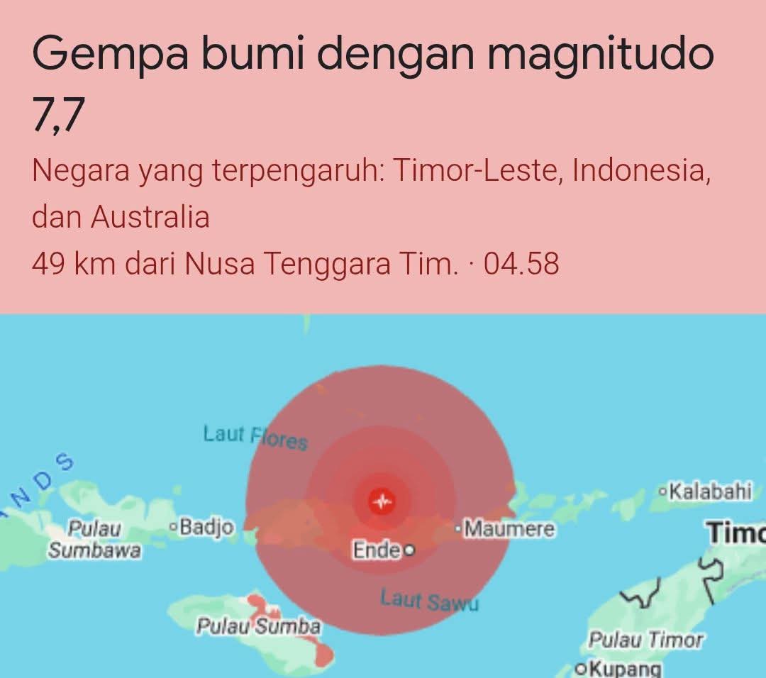 Gempa NTT M7,7 Guncang Nagekeo, Tsunami Terdeteksi di Sejumlah Wilayah