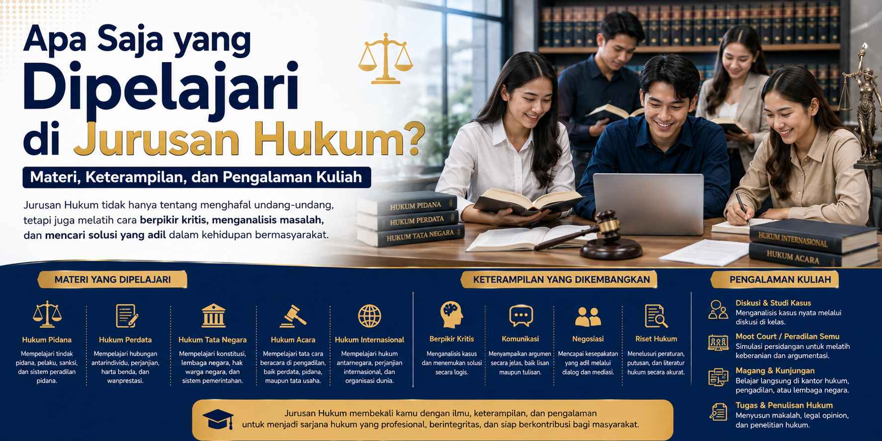 Apa Saja yang Dipelajari di Jurusan Hukum? Materi, Keterampilan, dan Pengalaman Kuliah