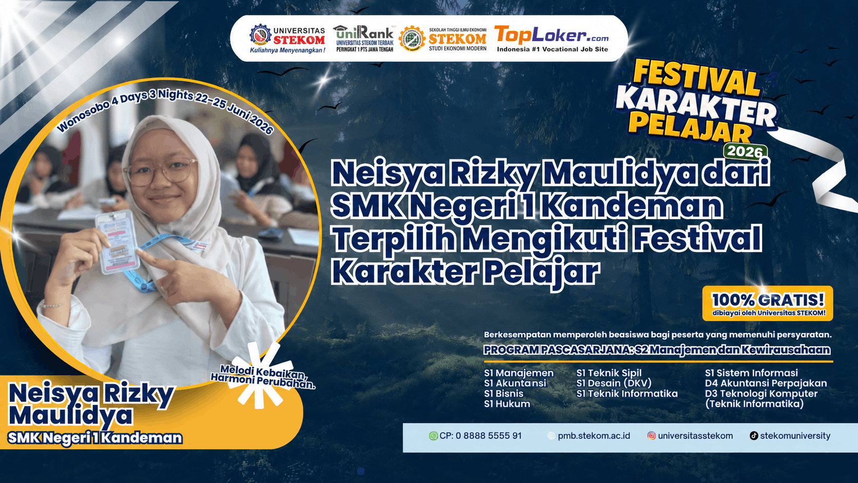 Neisya Rizky Maulidya dari SMK Negeri 1 Kandeman Terpilih Mengikuti Festival Karakter Pelajar Universitas STEKOM 2026