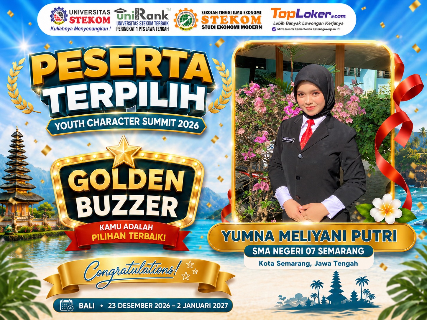 Yumna Meliyani Putri Dari SMA Negeri 07 Semarang Raih Golden Buzzer Youth Character Summit 2026
