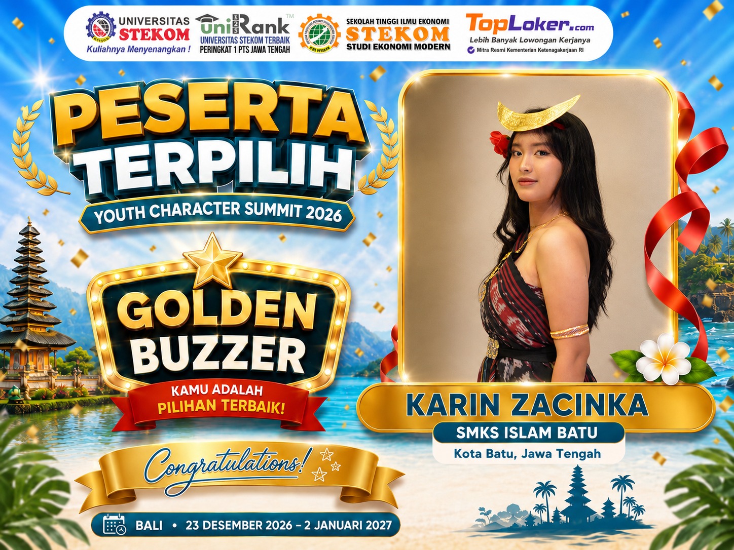  Karin Zacinka Raih Golden Buzzer Youth Character Summit 2026