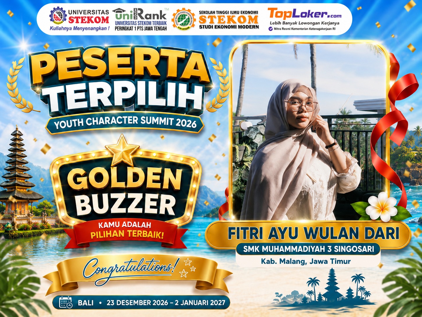 Fitri Ayu Wulan Dari Raih Golden Buzzer Youth Character Summit 2026