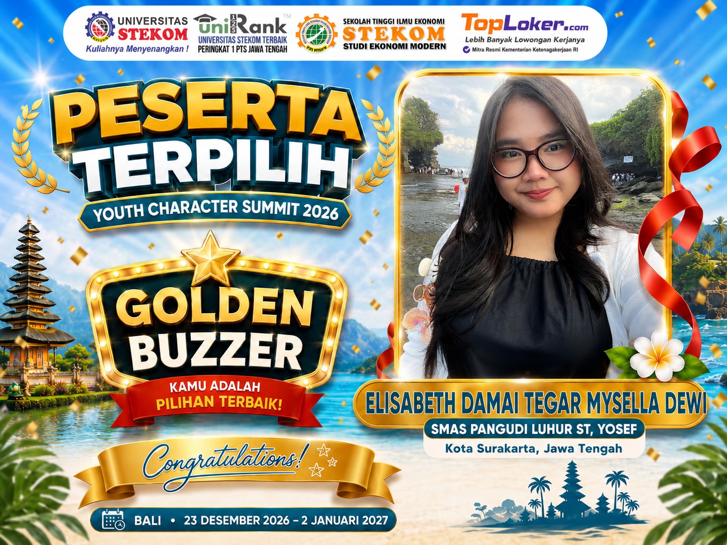 Elisabeth Damai Tegar Mysella Dewi Raih Golden Buzzer Youth Character Summit 2026