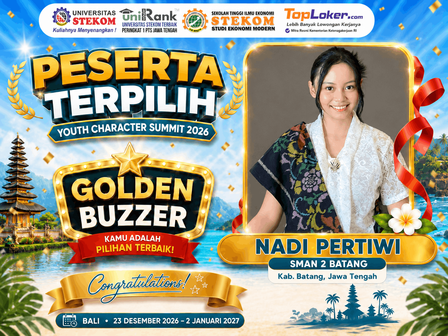 Nadi Pertiwi dari SMAN 2 Batang Raih Golden Buzzer Youth Character Summit 2026
