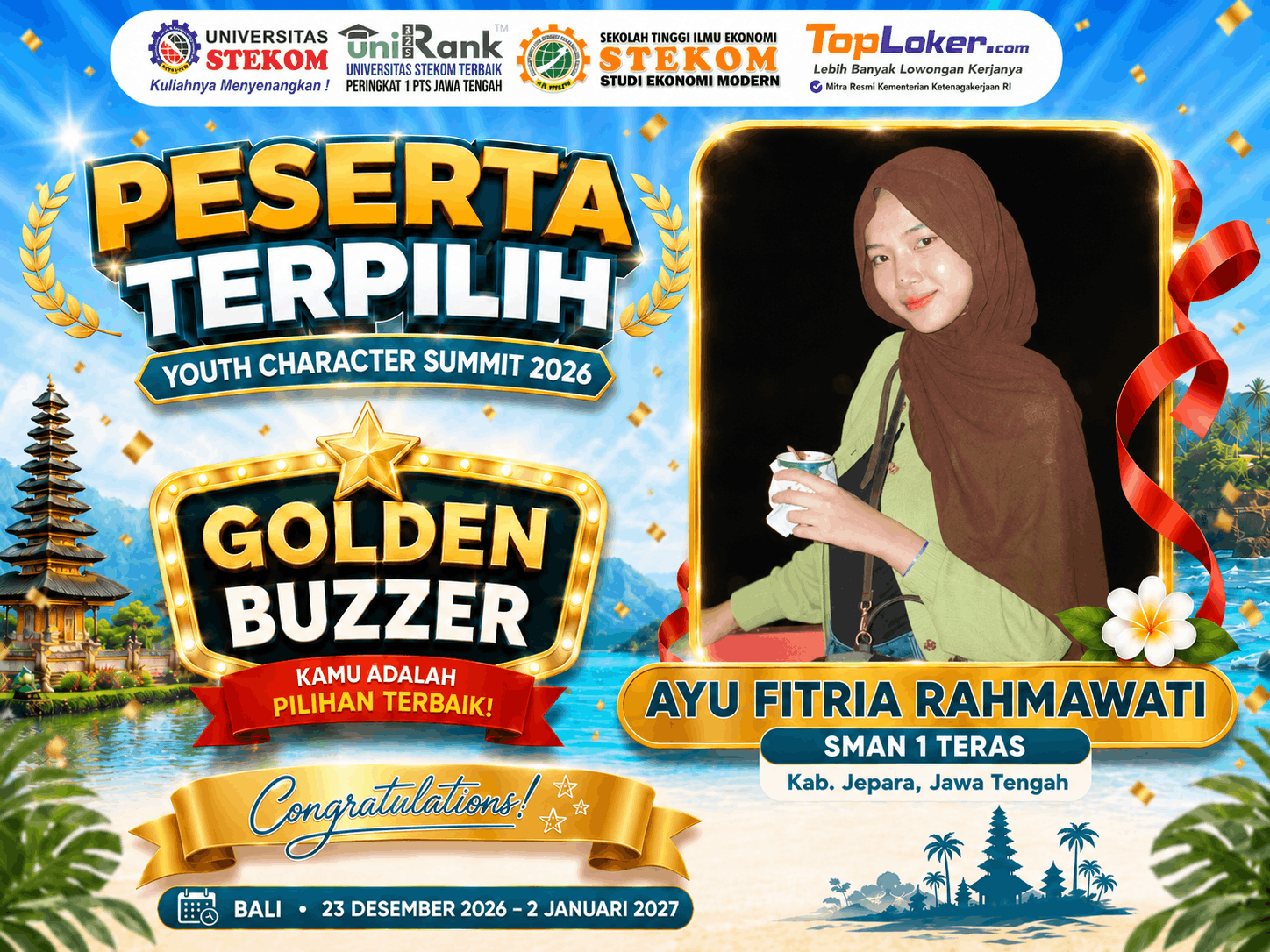 Ayu Fitria Rahmawati dari SMA Negeri 1 Teras Raih Golden Buzzer Youth Character Summit 2026