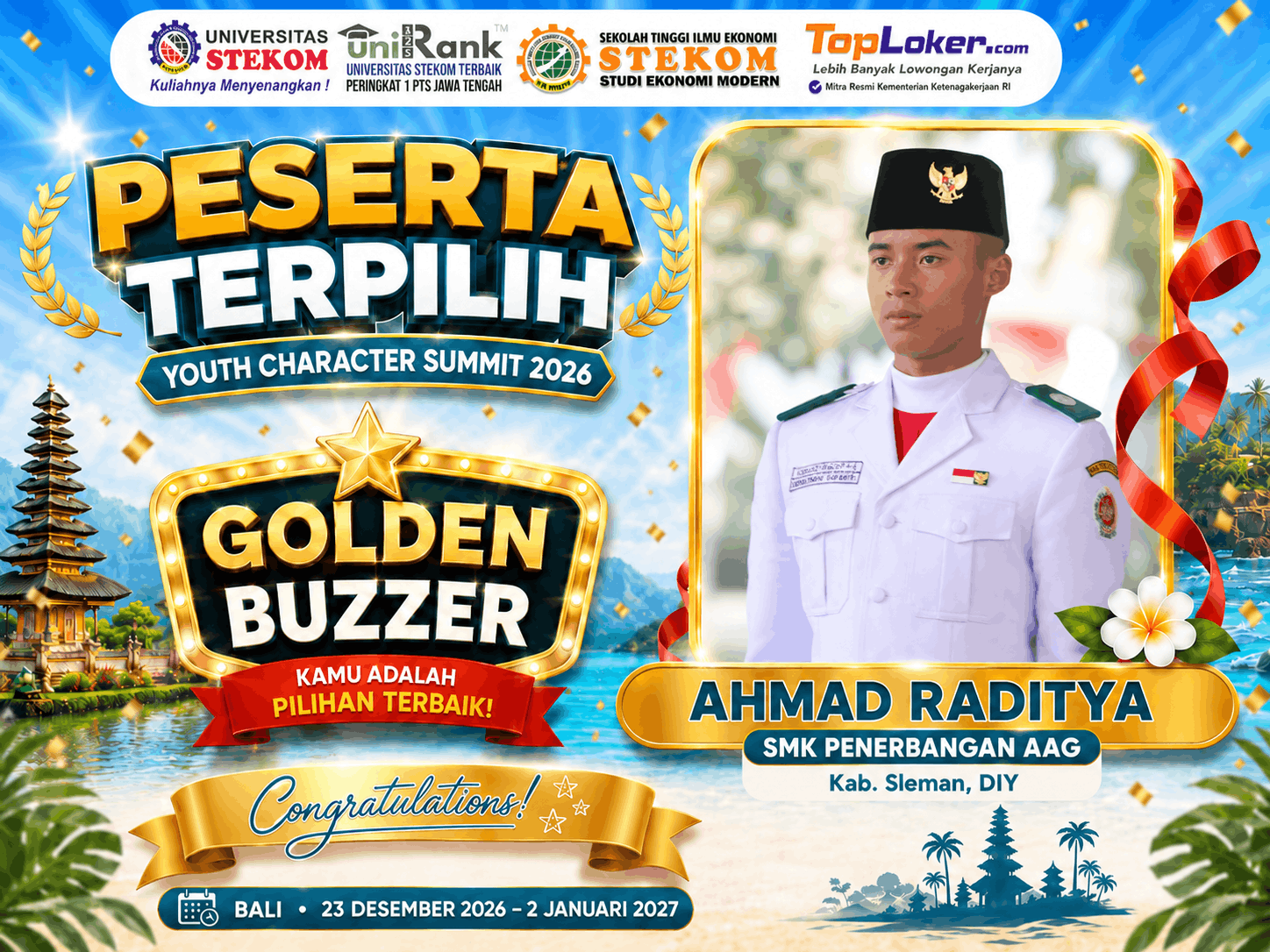 Ahmad Raditya dari SMK Penerbangan AAG Adisutjipto Raih Golden Buzzer Youth Character Summit 2026