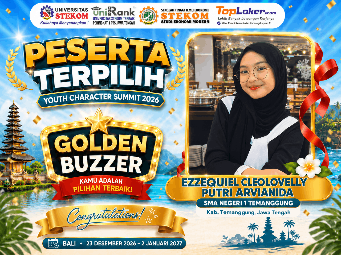 Ezzequiel Cleolovelly Putri Arvianida dari SMA Negeri 1 Temanggung Raih Golden Buzzer Youth Character Summit 2026