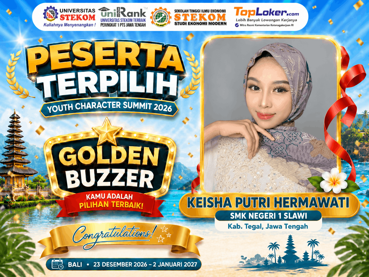 Keisha Putri Hermawati dari SMK Negeri 1 Slawi Raih Golden Buzzer Youth Character Summit 2026