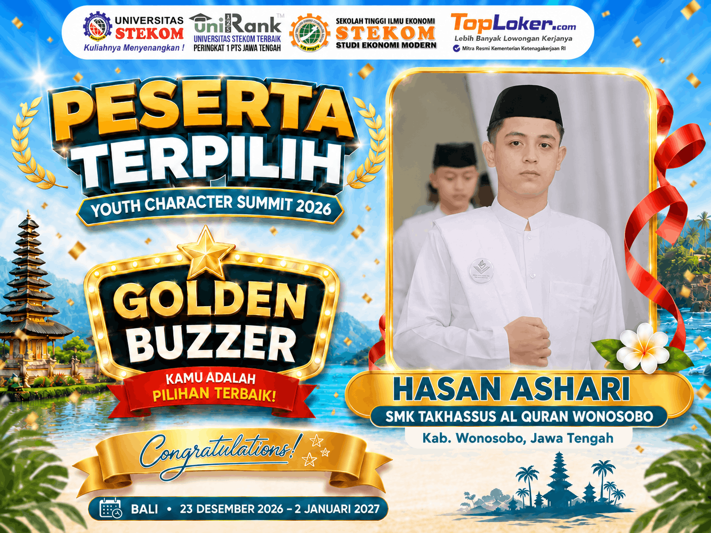 Hasan Ashari dari SMKS Takhassus Al Quran Wonosobo Raih Golden Buzzer Youth Character Summit 2026