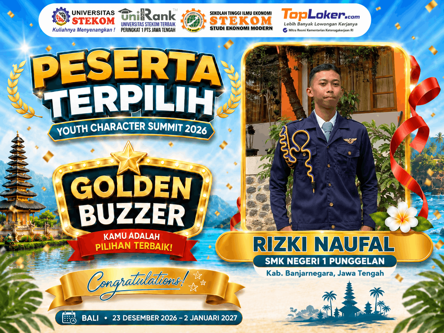 Rizki Naufal dari SMK Negeri 1 Punggelan Raih Golden Buzzer Youth Character Summit 2026