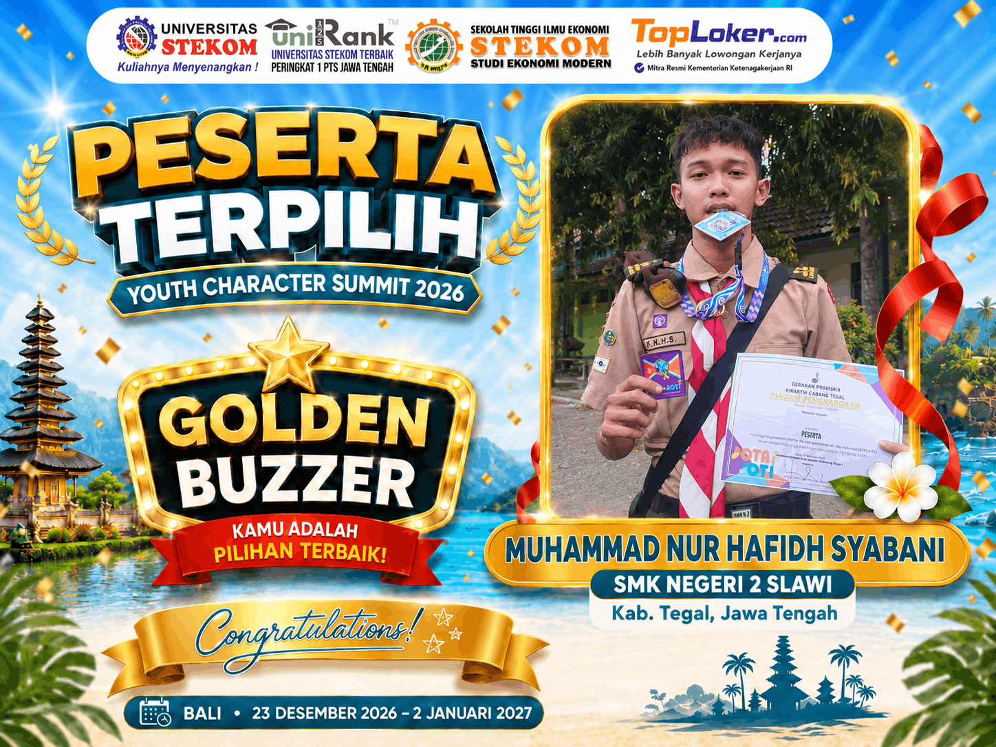 Muhammad Nur Hafidh Syabani dari SMK Negeri 2 Slawi Raih Golden Buzzer Youth Character Summit 2026