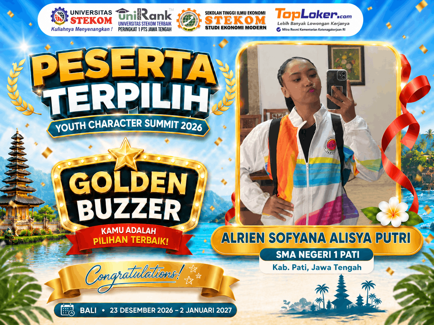 Alrien Sofyana Alisya Putri dari SMA Negeri 1 Pati Raih Golden Buzzer Youth Character Summit 2026