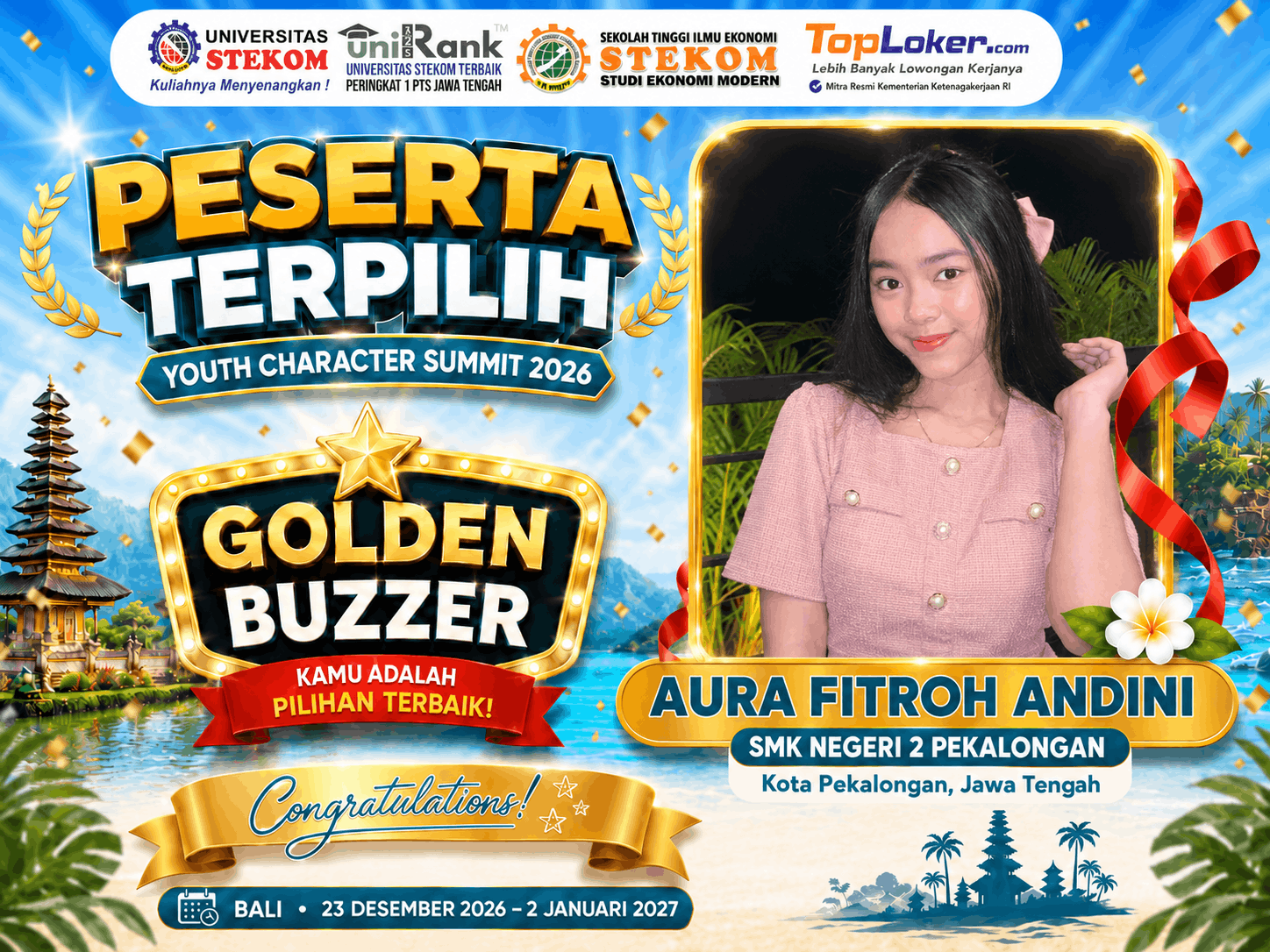 Aura Fitroh Andini dari SMK Negeri 2 Pekalongan Raih Golden Buzzer Youth Character Summit 2026