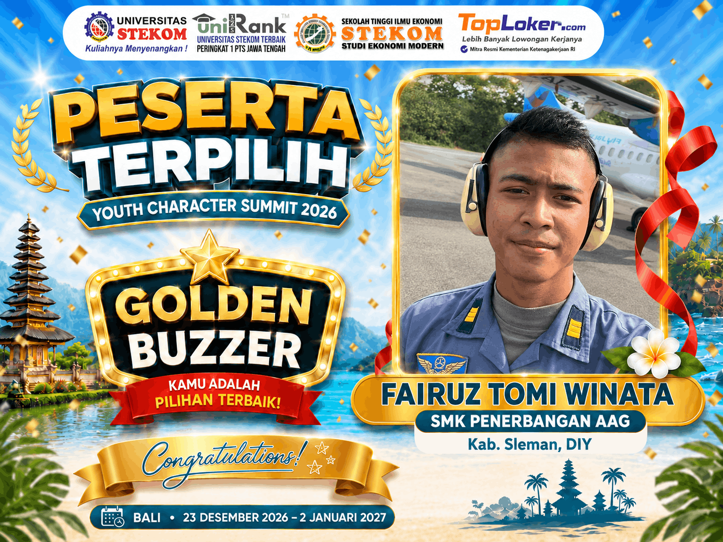 Fairuz Tomi Winata dari SMK Penerbangan AAG Adisutjipto Raih Golden Buzzer Youth Character Summit 2026