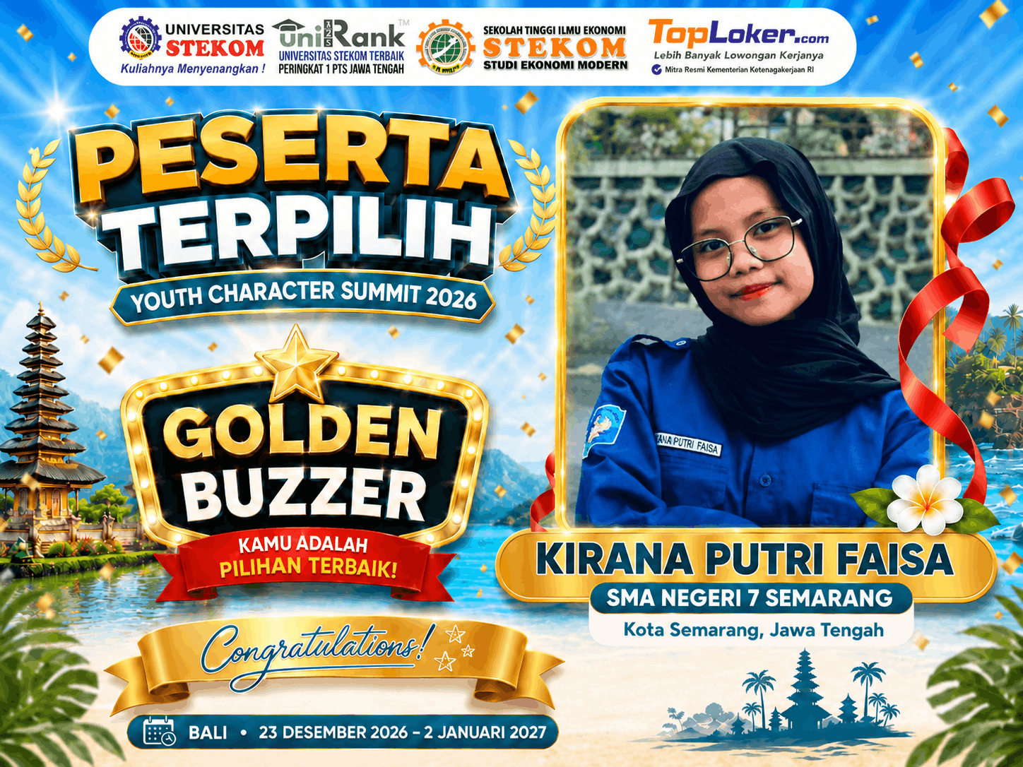Kirana Putri Faisa dari SMA Negeri 7 Semarang Raih Golden Buzzer Youth Character Summit 2026
