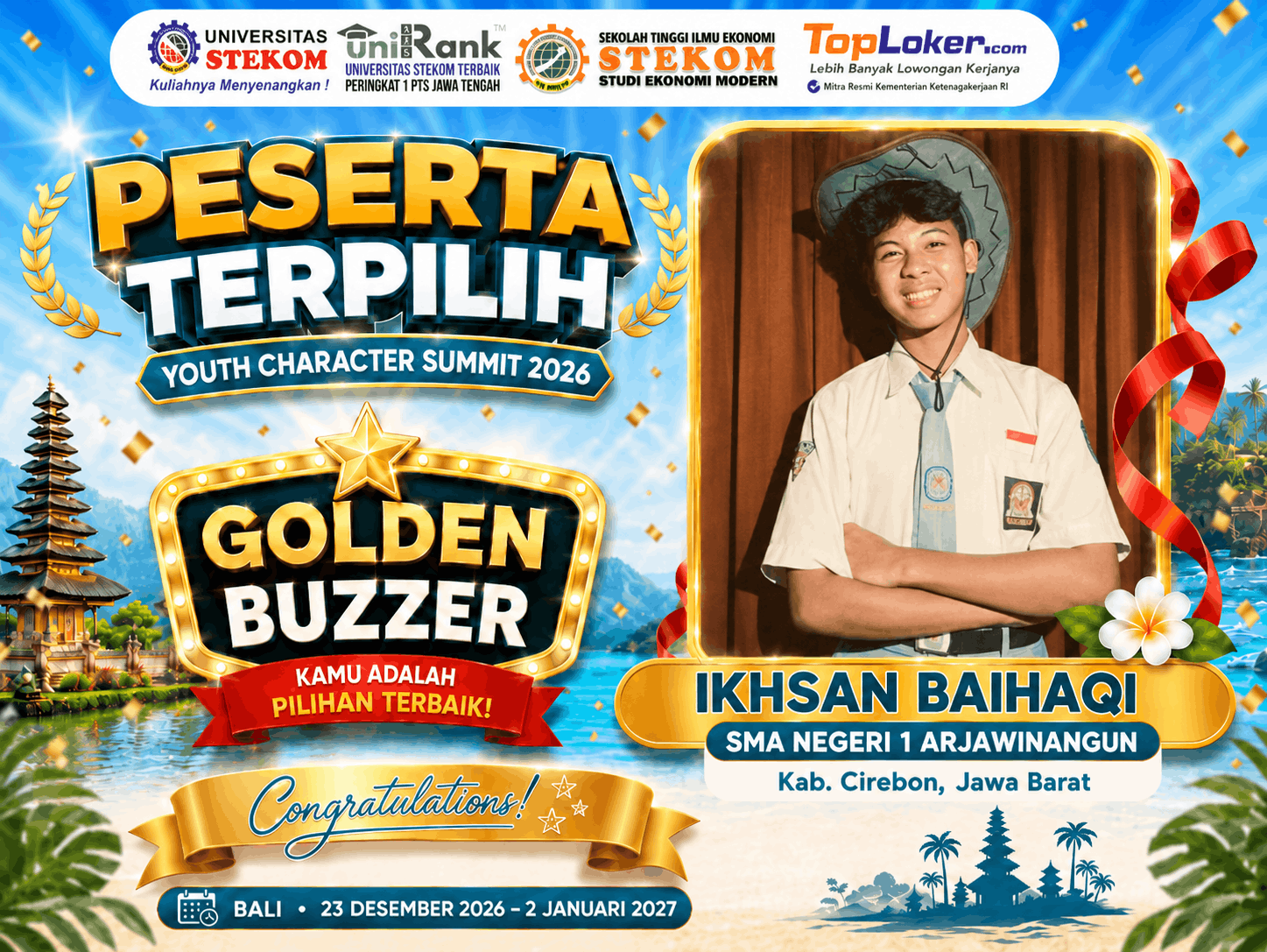 Ikhsan Baihaqi dari SMA Negeri 1 Arjawinangun Raih Golden Buzzer Youth Character Summit 2026
