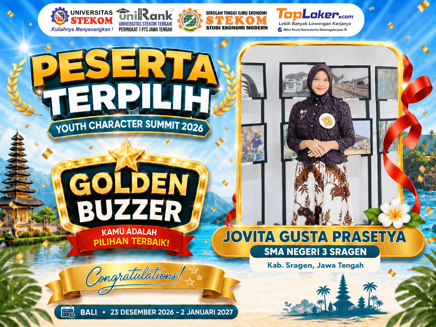 Jovita Gusta Prasetya dari SMA Negeri 3 Sragen Raih Golden Buzzer Youth Character Summit 2026