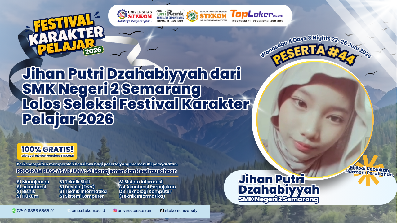 Jihan Putri Dzahabiyyah dari SMK Negeri 2 Semarang Lolos Seleksi Festival Karakter Pelajar 2026