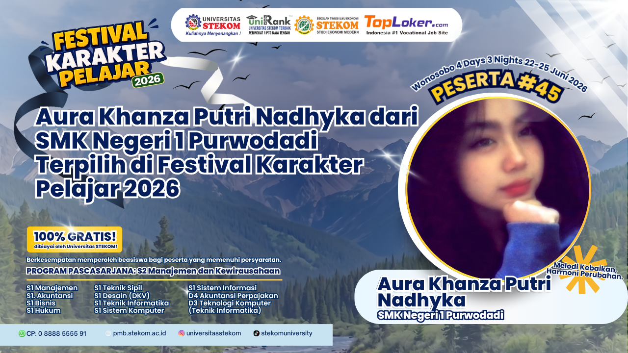 Perwakilan SMK Negeri 1 Purwodadi, Aura Khanza Putri Nadhyka, Raih Kesempatan di Festival Karakter Pelajar 2026