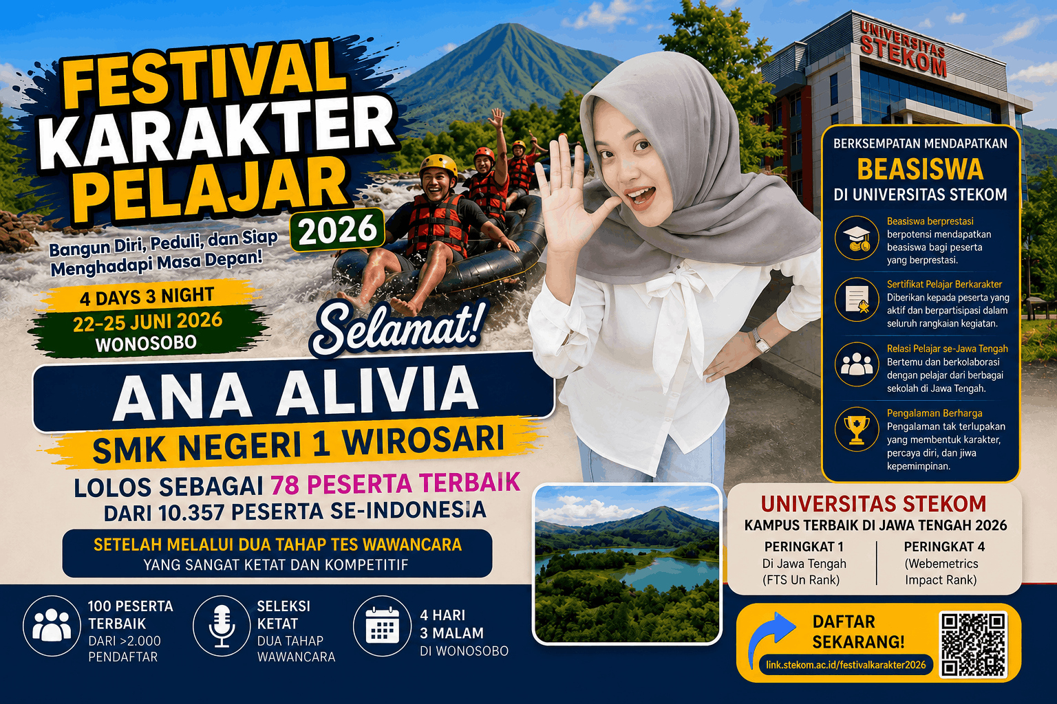 Belajar Tak Mengenal Batas, Ana Alivia dari SMK Negeri 1 Wirosari Raih Kesempatan Emas di Festival Karakter Pelajar 2026