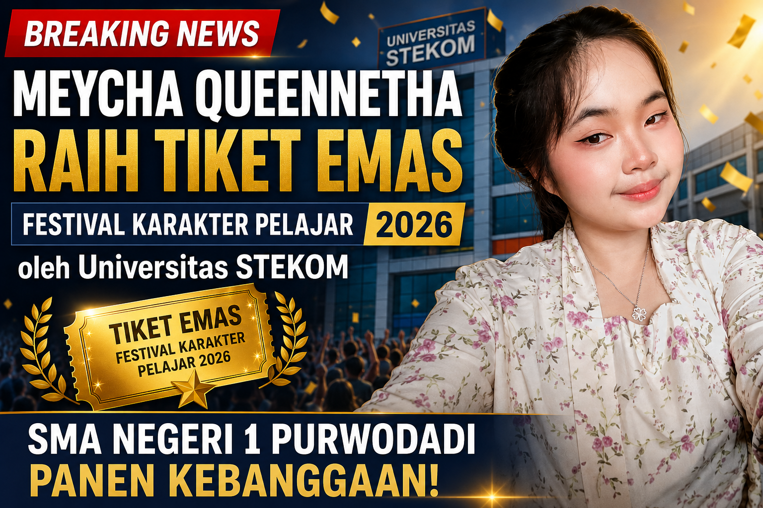 Meycha Queennetha Raih Tiket Emas Festival Karakter Pelajar 2026 oleh Universitas STEKOM, SMA Negeri 1 Purwodadi Panen Kebanggaan