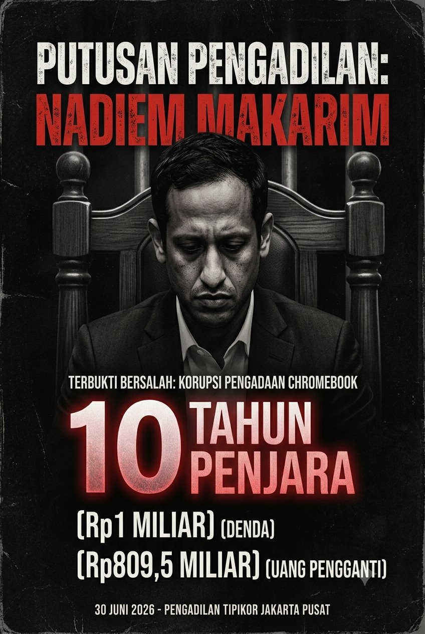 Nadiem Makarim Divonis 10 Tahun Penjara dalam Kasus Korupsi Chromebook, Hakim Sebut Perbuatan Dilakukan Secara Terencana