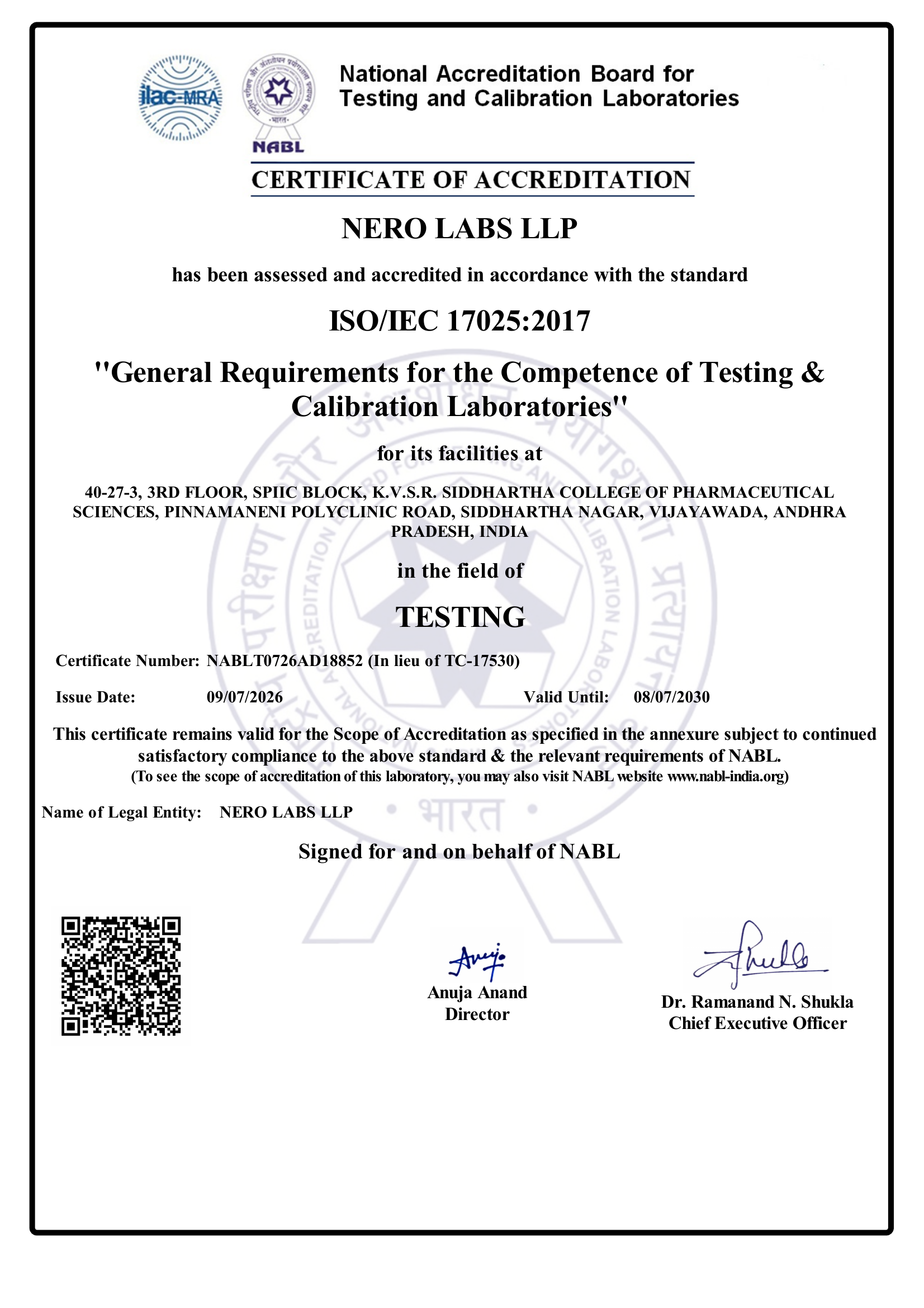 NABL Accreditation Certificate