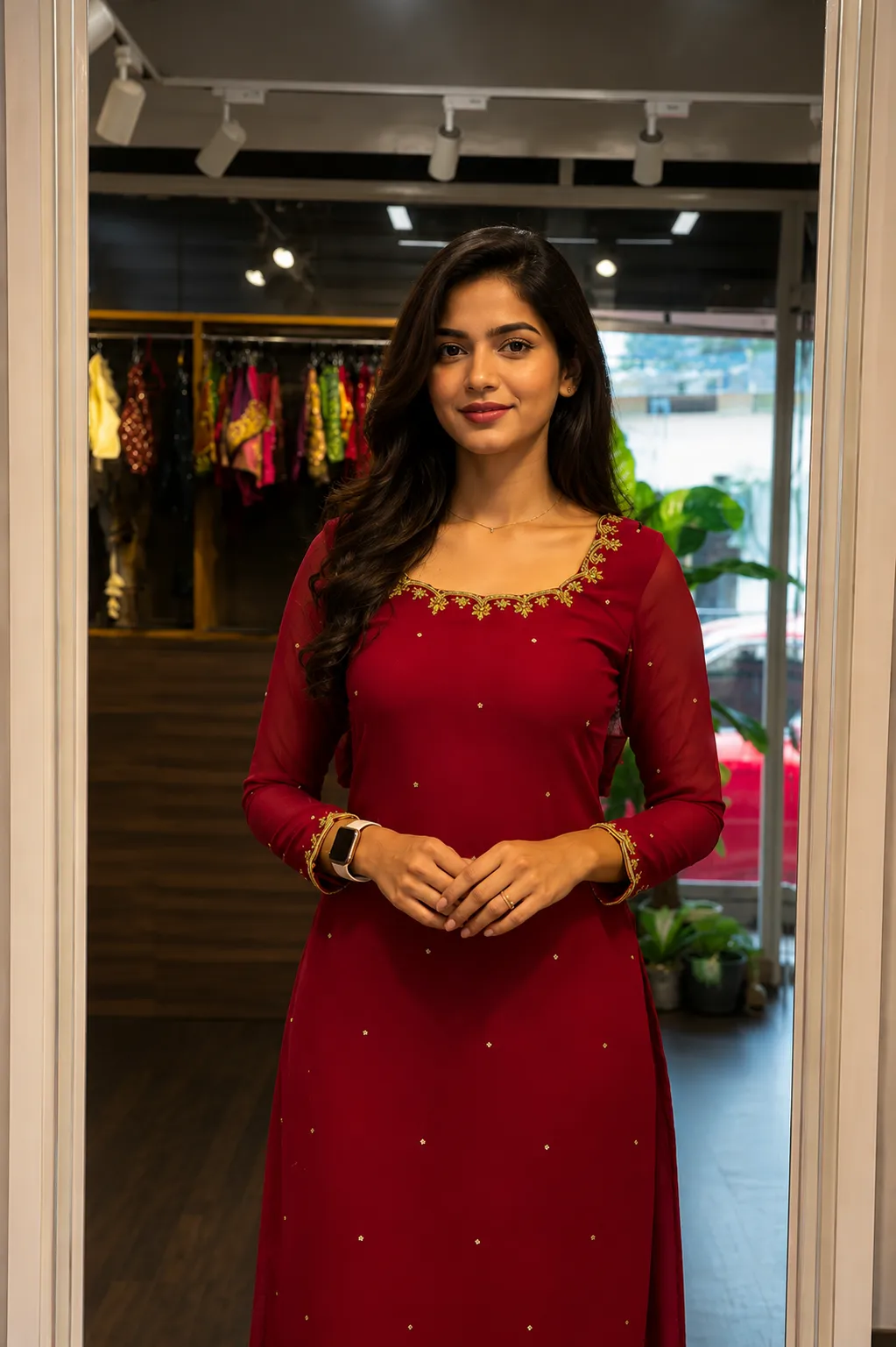 Red Hand Embroidered Kurtha