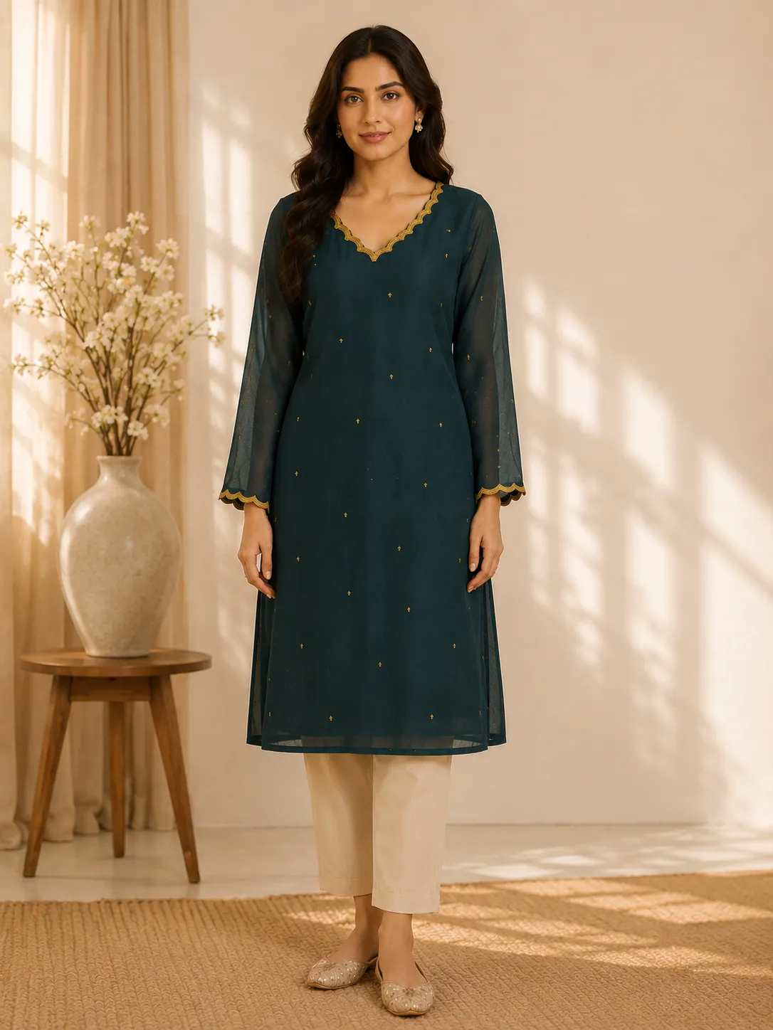 Teal green Hand Embroidered Kurtha