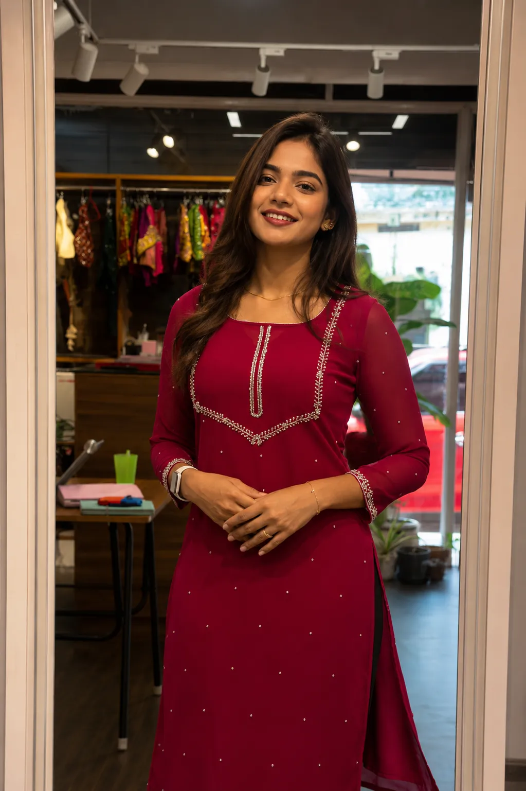 Rani Pink Hand Embroidered Kurtha