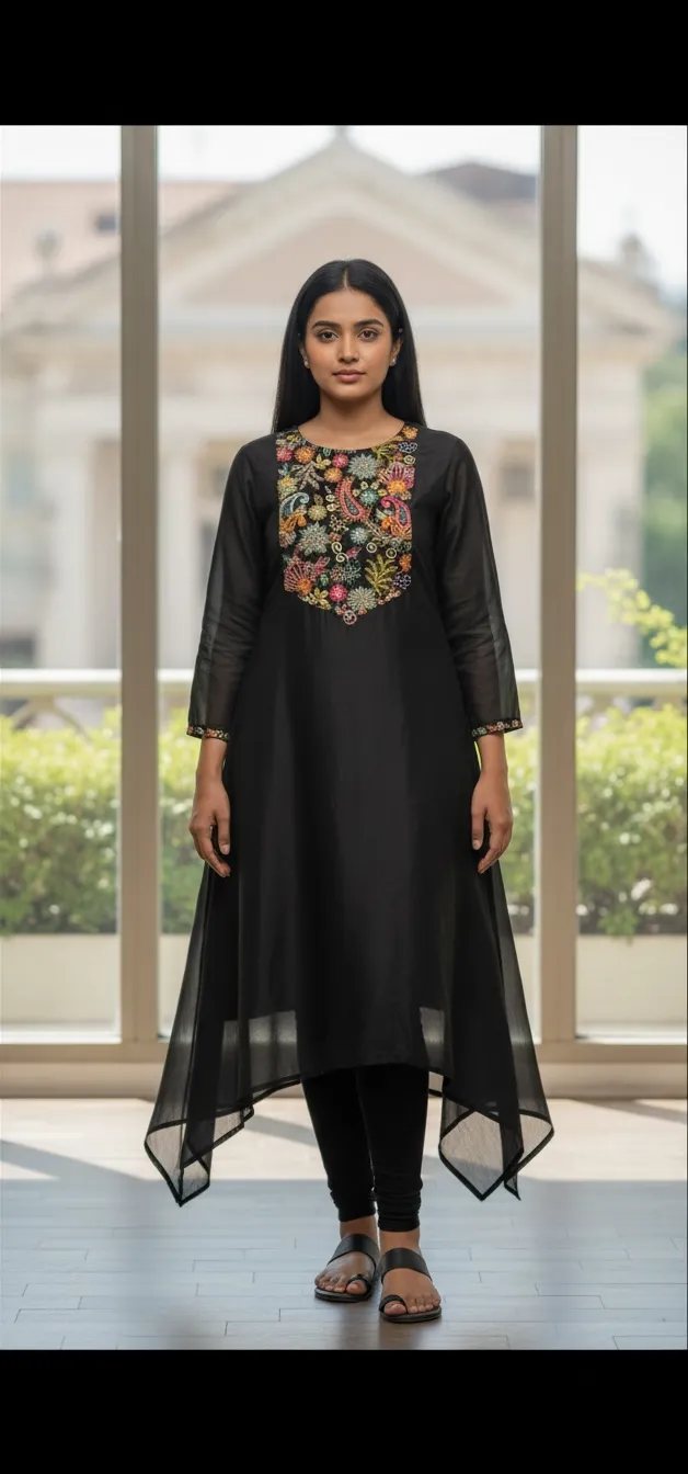 A Line Black Embroidered Kurtha