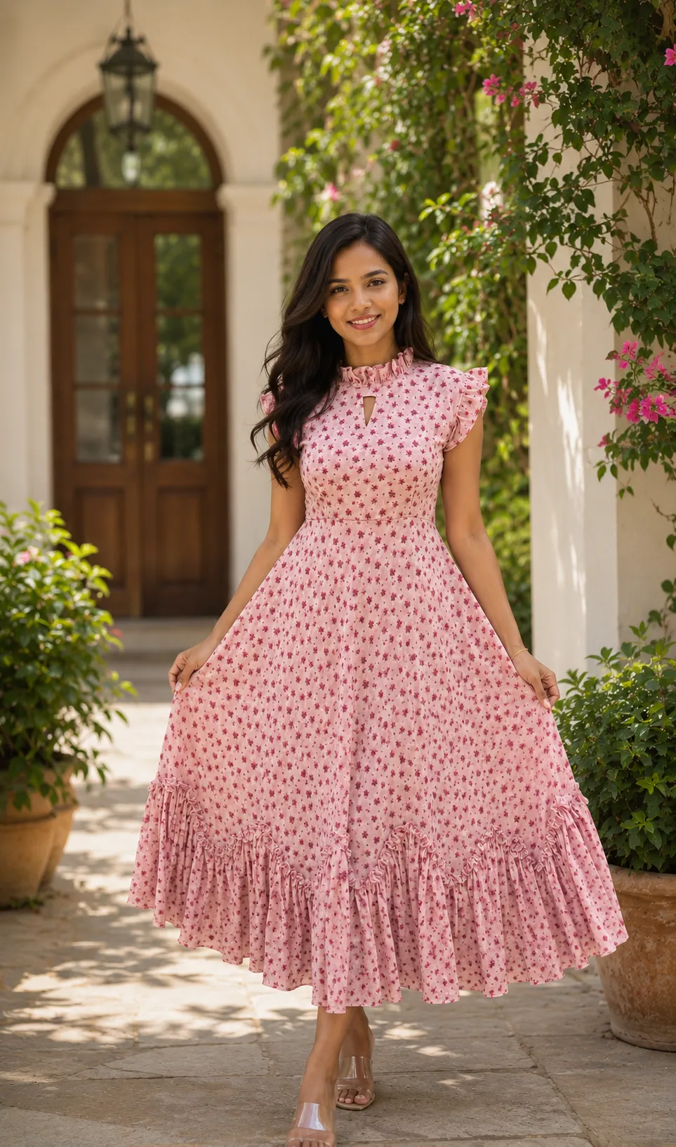 Pink floral ruffle dress