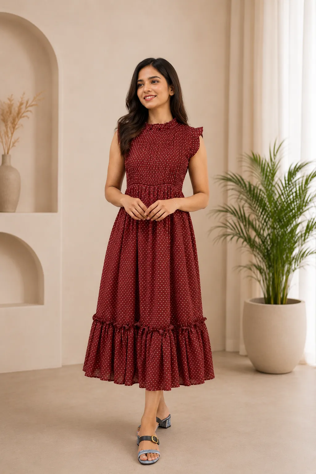 Sleeveless Maroon polka dot dress