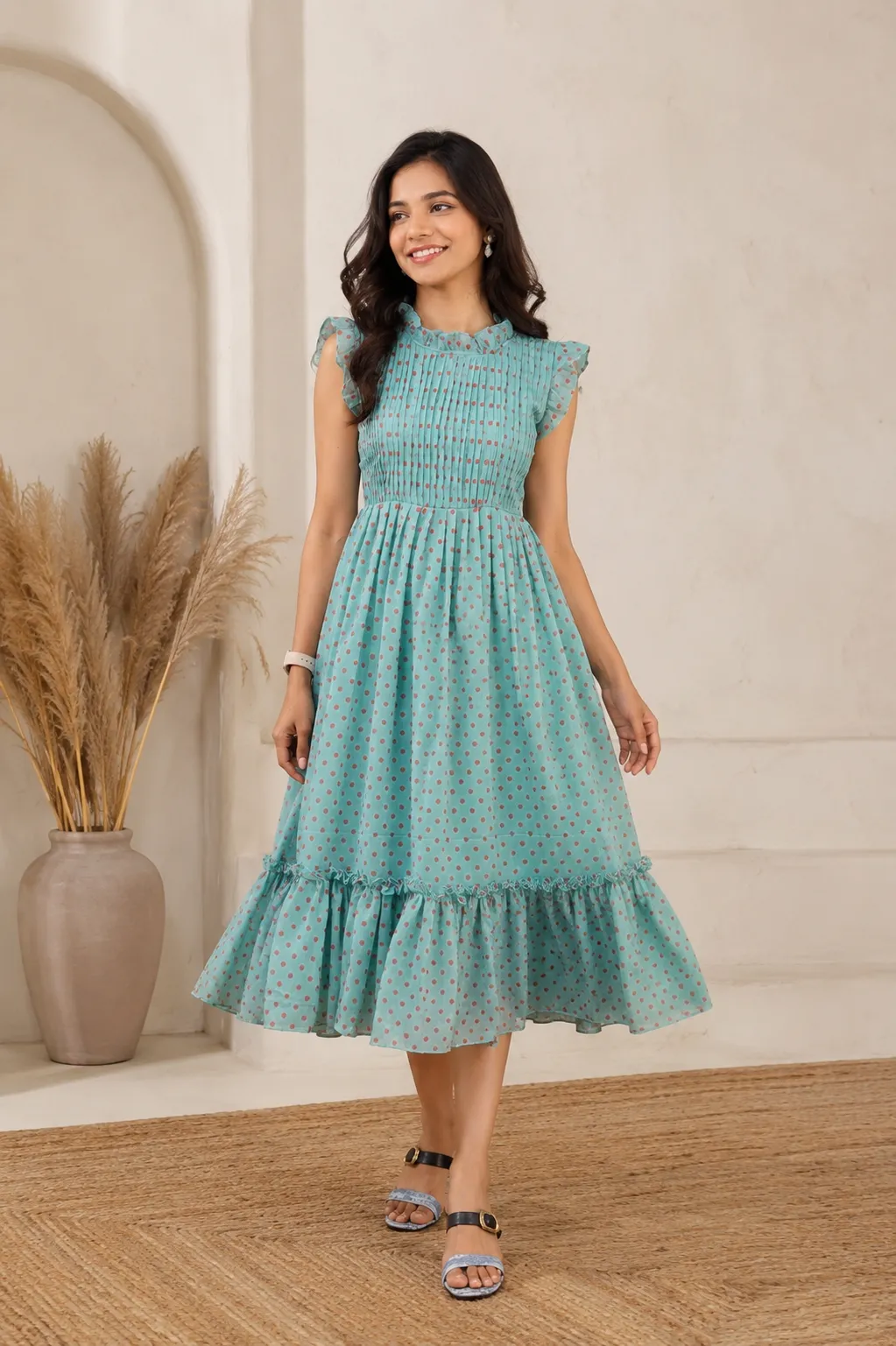 Sleeveless Turquoise Polka dot Dress